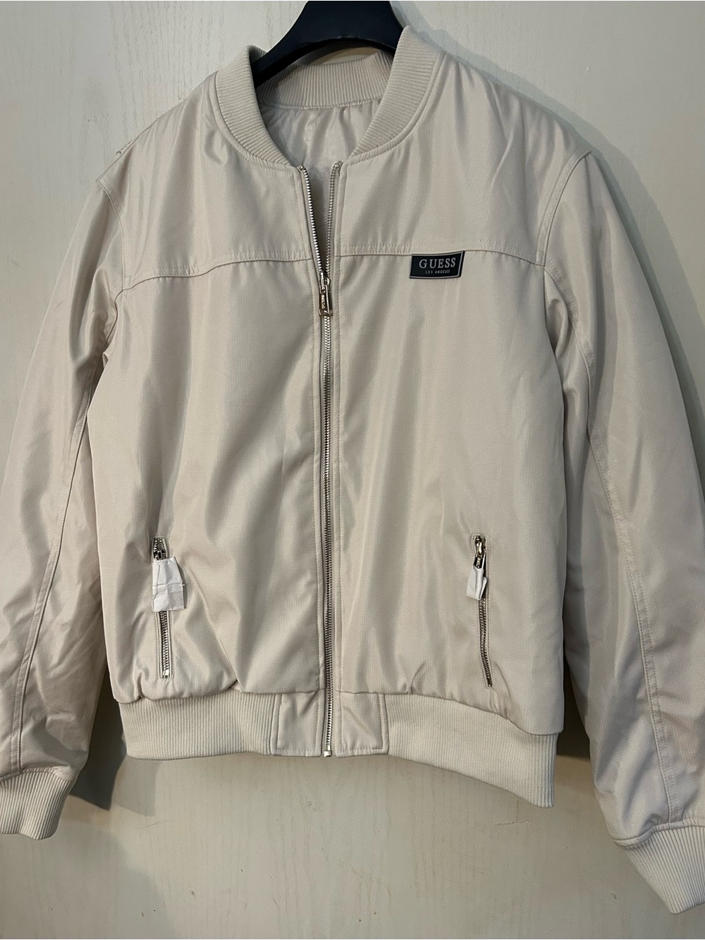 GUESS Men’s XL Ivory Bomber Jacket Embroidered Logo Full Zip